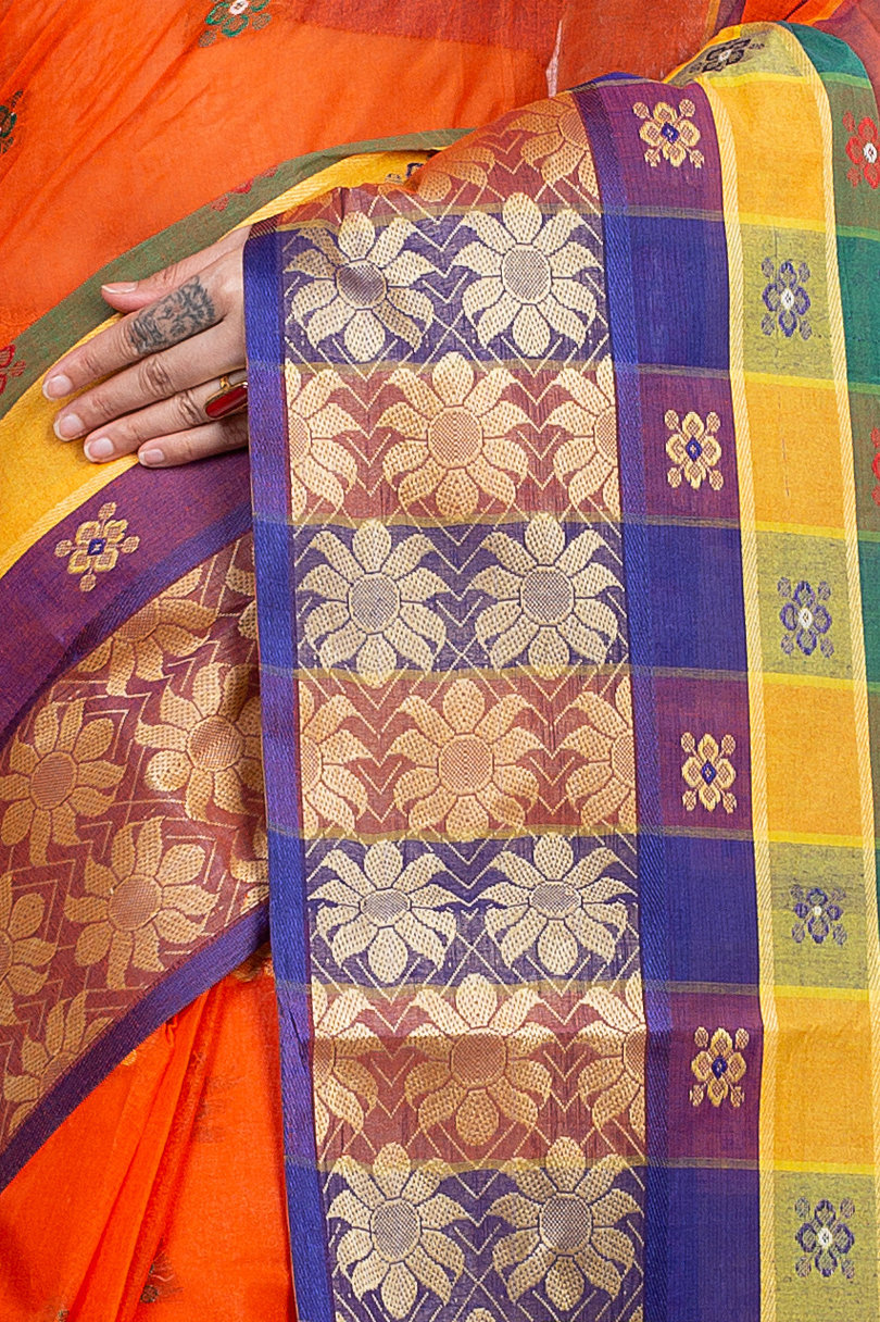 Dark Orange Pure Cotton FulPar Tant Saree (865)